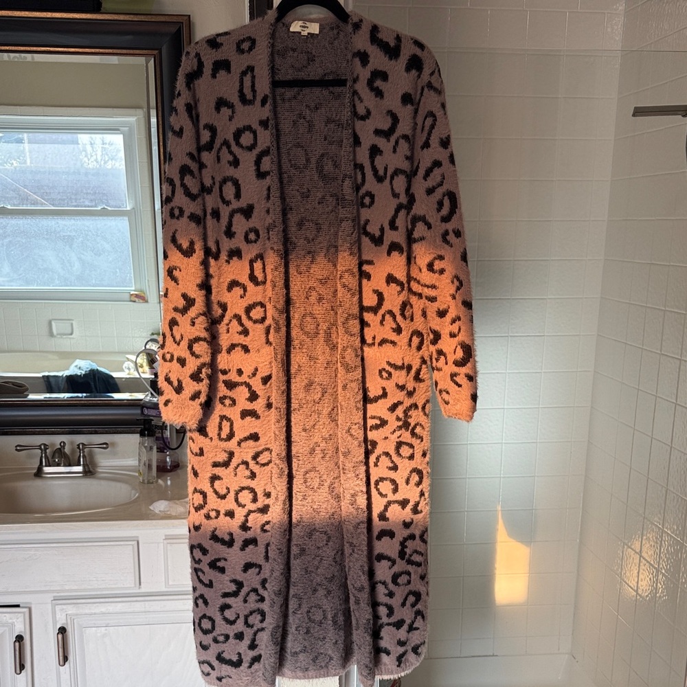 Entro Leopard Print Furry Knit Long Duster Cardigan - Picture 2 of 8
